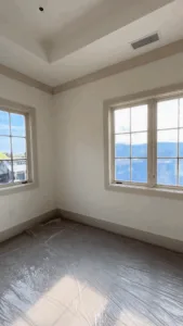 Bright bedroom with windows showcasing interior painting.
