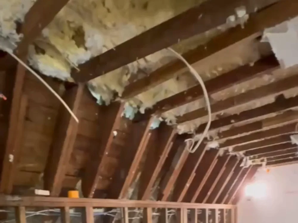 Attic demolition and insulation removal exposing roof framing and joists during renovation preparation.